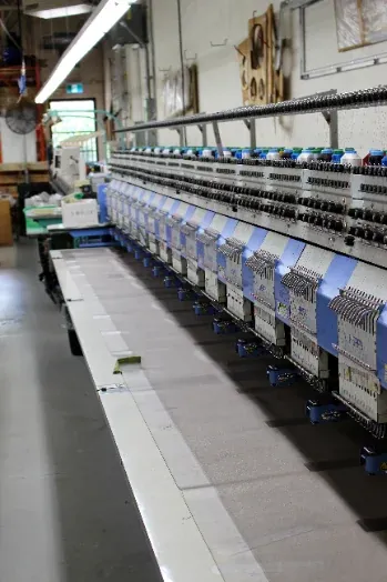 Row of multi-head embroidery machines on the production floor
