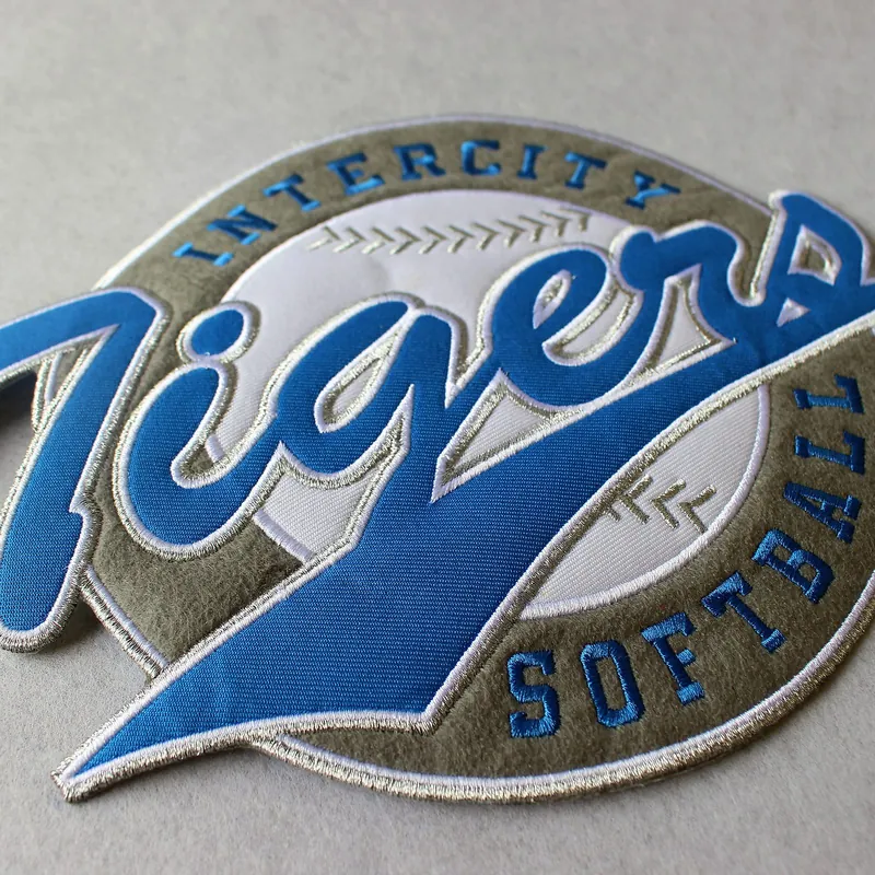 Close-up of a merrowed-edge custom patch with raised lettering